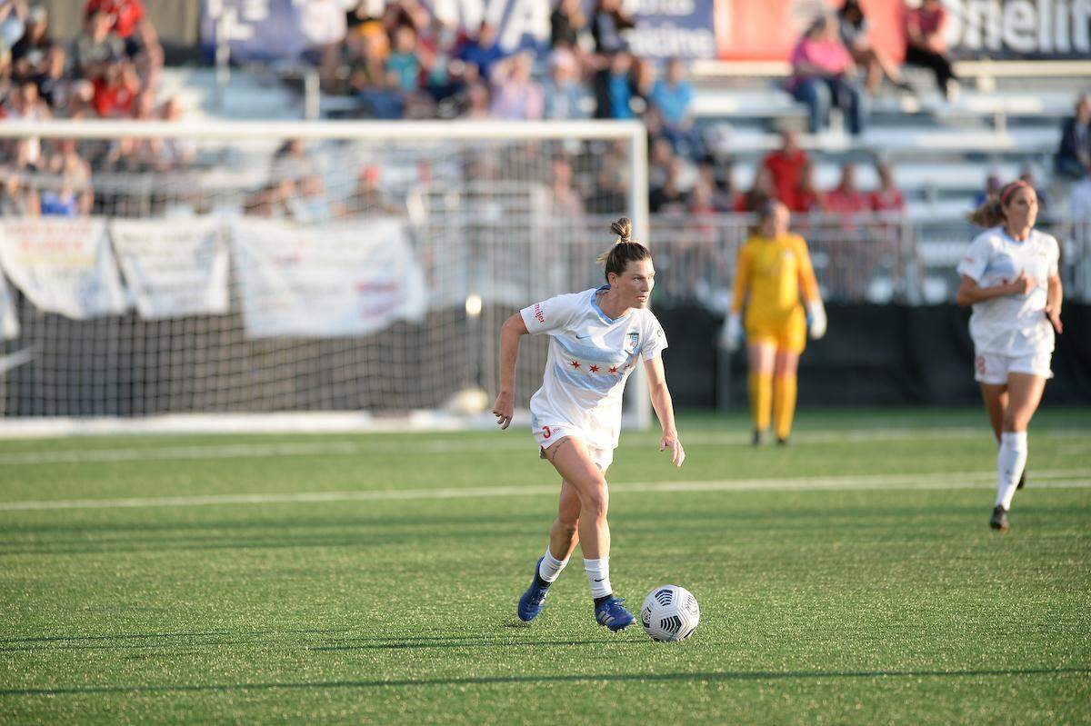 Arin Wright dribbles the ball while playing for the Chicago Red Stars of the National Women’s Soccer League. Wright, who previously went by Arin Gilliland when she played at Kentucky, was the Southeastern Conference Defensive Player of the Year in 2014 and was selected eighth overall by Chicago in the 2015 NWSL Draft.