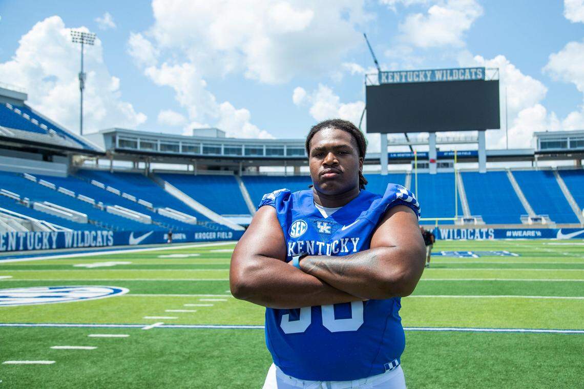 Kentucky redshirt sophomore Deondre Buford (56) enters fall practice as the favorite to claim the Wildcats’ vacant starting spot at left offensive tackle. “I think he can definitely get it done,” says new UK offensive line coach Zach Yenser of Buford.