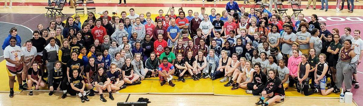 All of the competitors in the second Kentucky Girls Wrestling Championships took the floor for a photo before matches began Saturday at Tates Creek High School. There were 150 competitors in the event of the 171 originally entered.