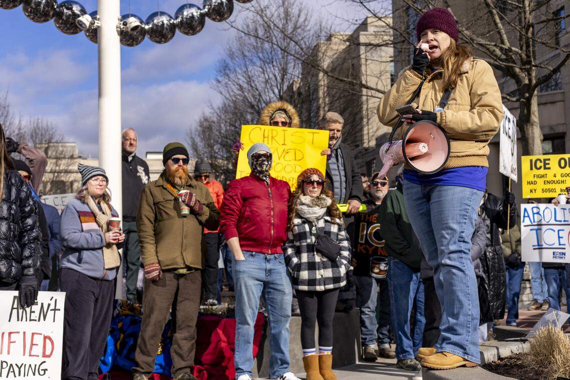 Erin, one of the event speakers, leads a chant during the “ICE Out For Good” rally Jan. 11, 2026, at Courthouse Plaza in Lexington.