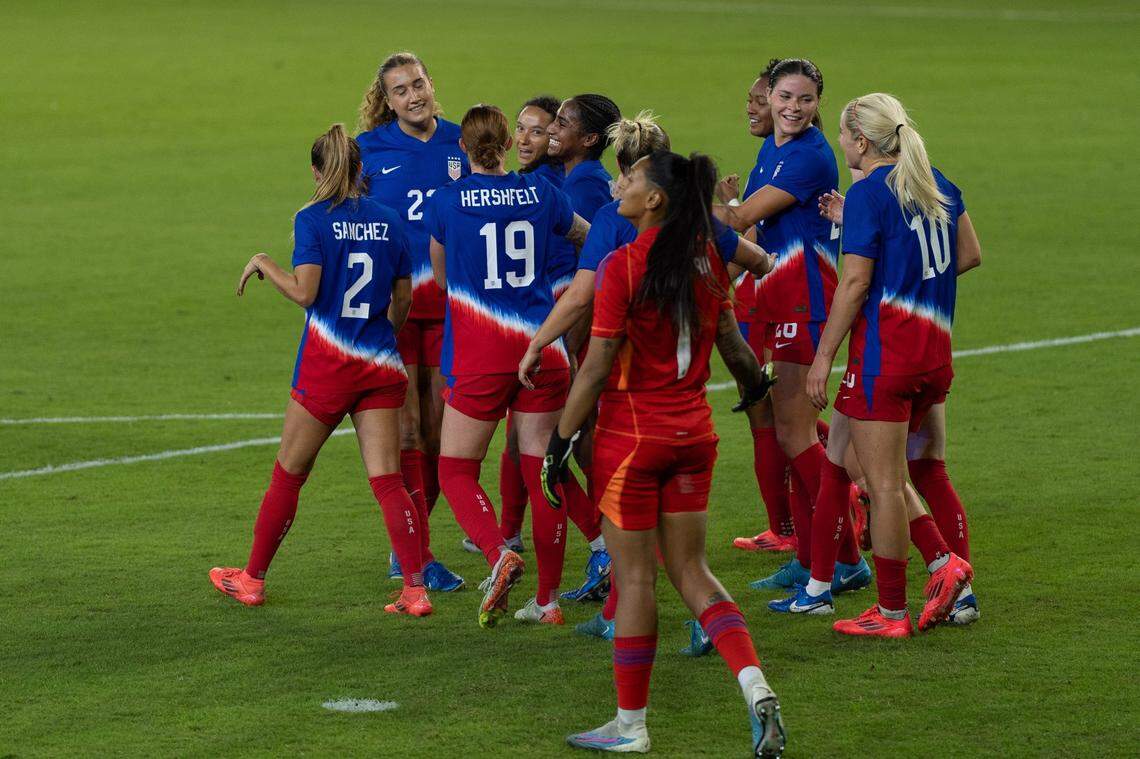 The United States Women’s National Team celebrates one of their three goals against Argentina on Wednesday night in Louisville. The Americans scored in the 37th, 44th and 49th minutes.