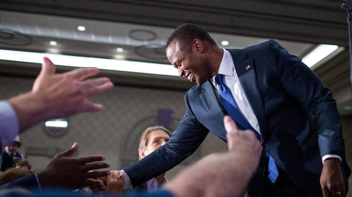 Gubernatorial candidate Daniel Cameron speaks briefly and greets supporters after securing the Republican primary election at an event at the Galt House in Louisville, Ky., Tuesday, May 16, 2023.