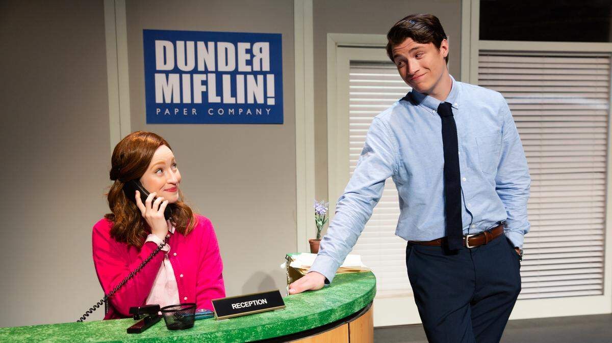 Madeline Glenn Thomas as Pam Beasley, and Patrick Constant as Jim Halpert in the musical “The Office! A Musical Parody.”