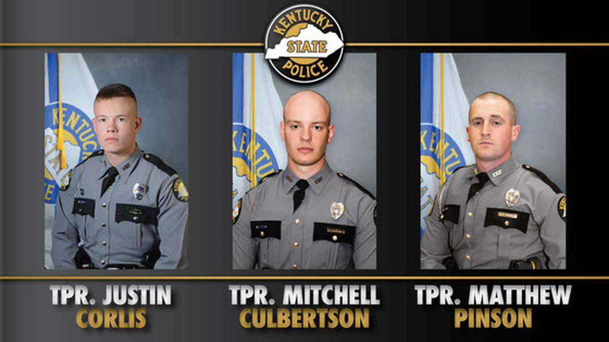 Kentucky State Police troopers Justin Corlis, Mitchell Culbertson and Matthew Pinson were honored for their efforts of rescuing five people trapped in a car in rising flood water in Grant County on March 15, 2025.