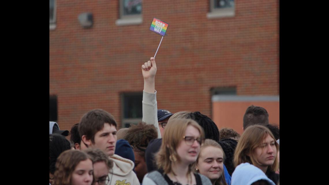 Students rally outside Lafayette High School in Lexington, Ky., to protest proposed legislation that has been deemed discriminatory toward LGBTQ students.
