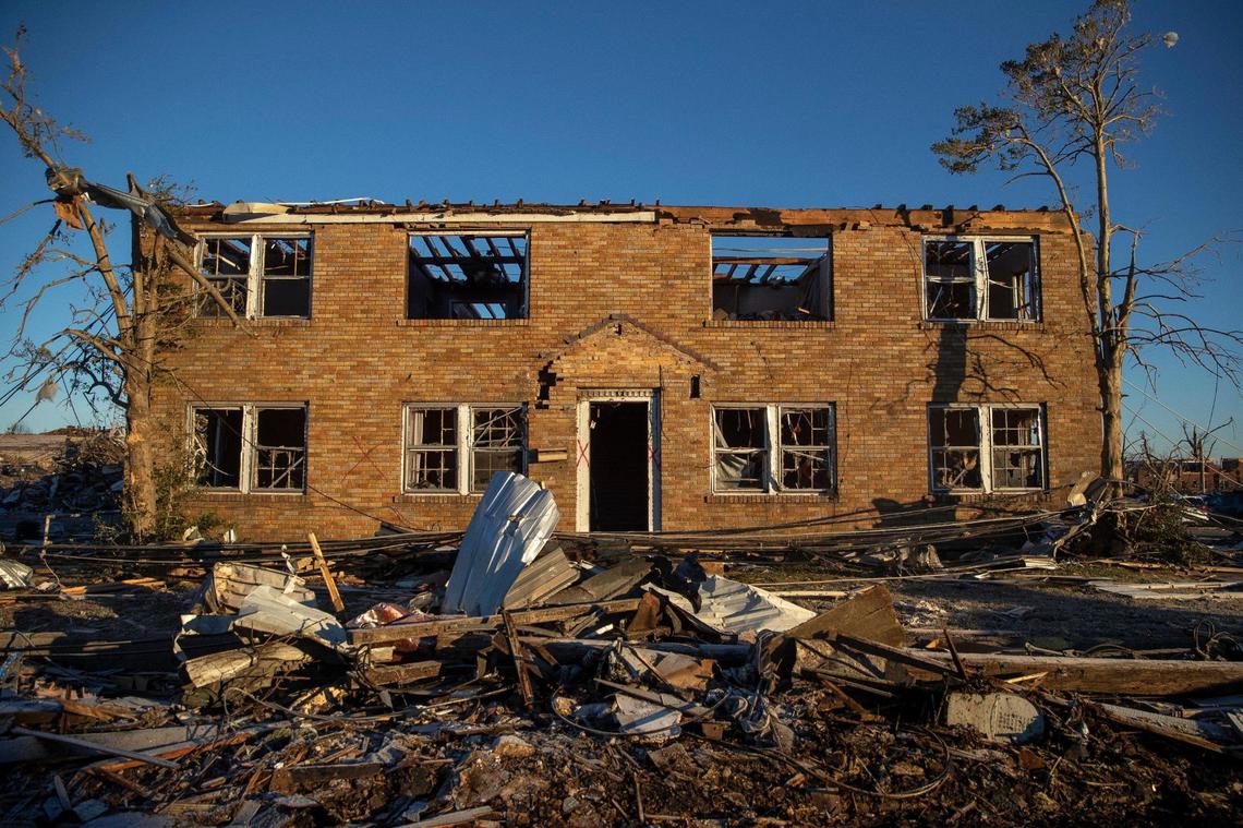A downtown Mayfield building had all of its windows and roof tore out from the weekend tornado.