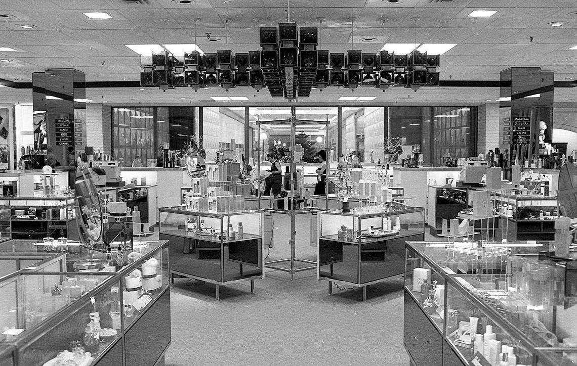 The cosmetic department, located on the first floor the new Shillito’s Department Store inside Fayette Mall, Oct. 4, 1971. Some of the cosmetics and fragrances on sale included Revlon, Chanel, Guerlain, Lanvin, Elizabeth Arden and Almay. The brightly lit display area opened up into the mall, show in the background of the image.