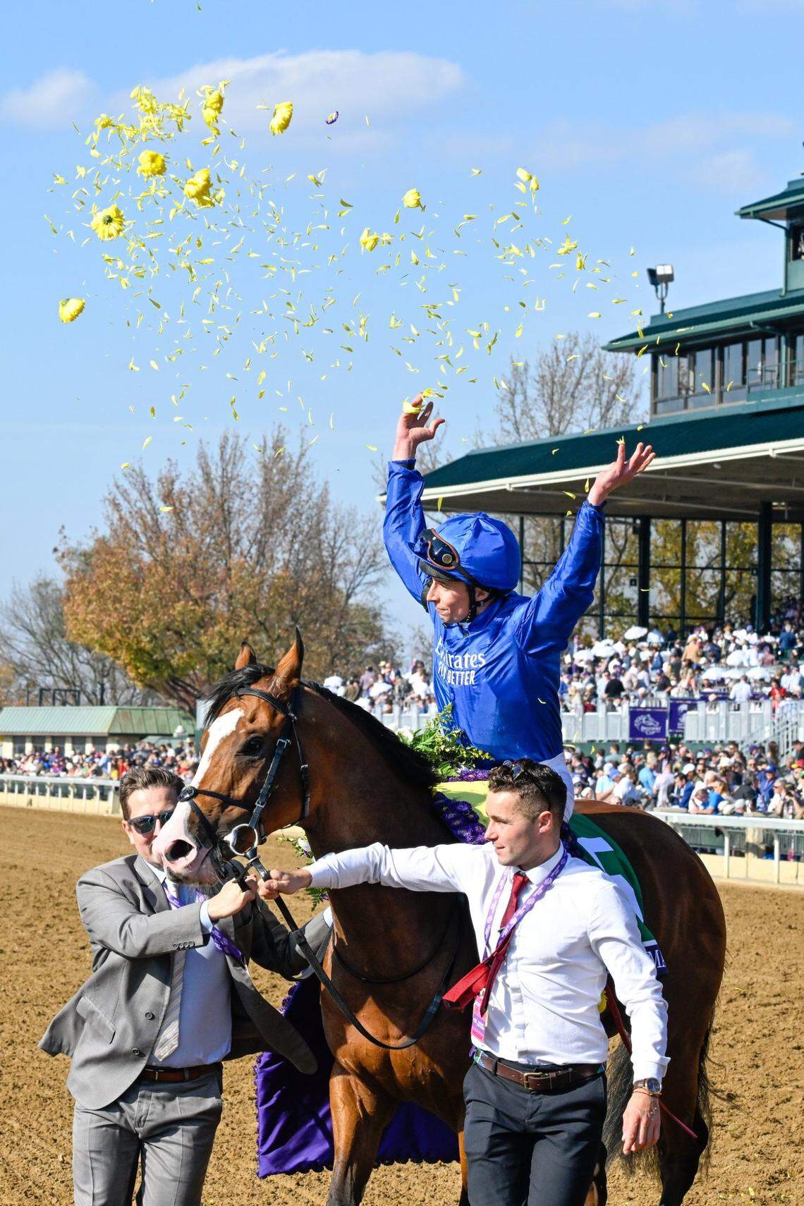William Buick celebrates his win with Mischief Magic after the Breeders’ Cup Juvenile Turf Sprint on Friday.