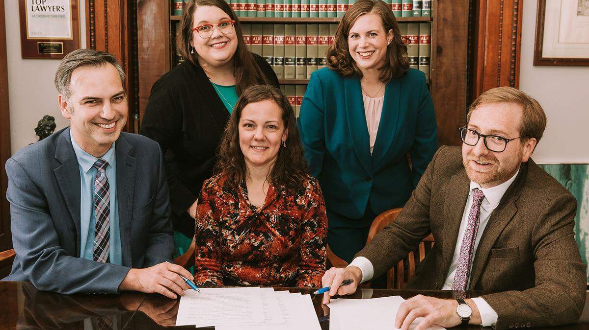 From left, Aaron Kemper, Jessica Kalb, Sarah Baron, Lisa Sobel and Ben Potash when they first filed their lawsuit challenging Kentucky’s abortion ban in 2022.