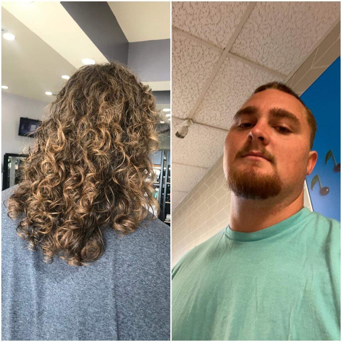 Before and after: UK offensive lineman Ryan Bryant, a walk-on from Ashland Blazer High School, donated his hair to Wigs for Kids on Monday.