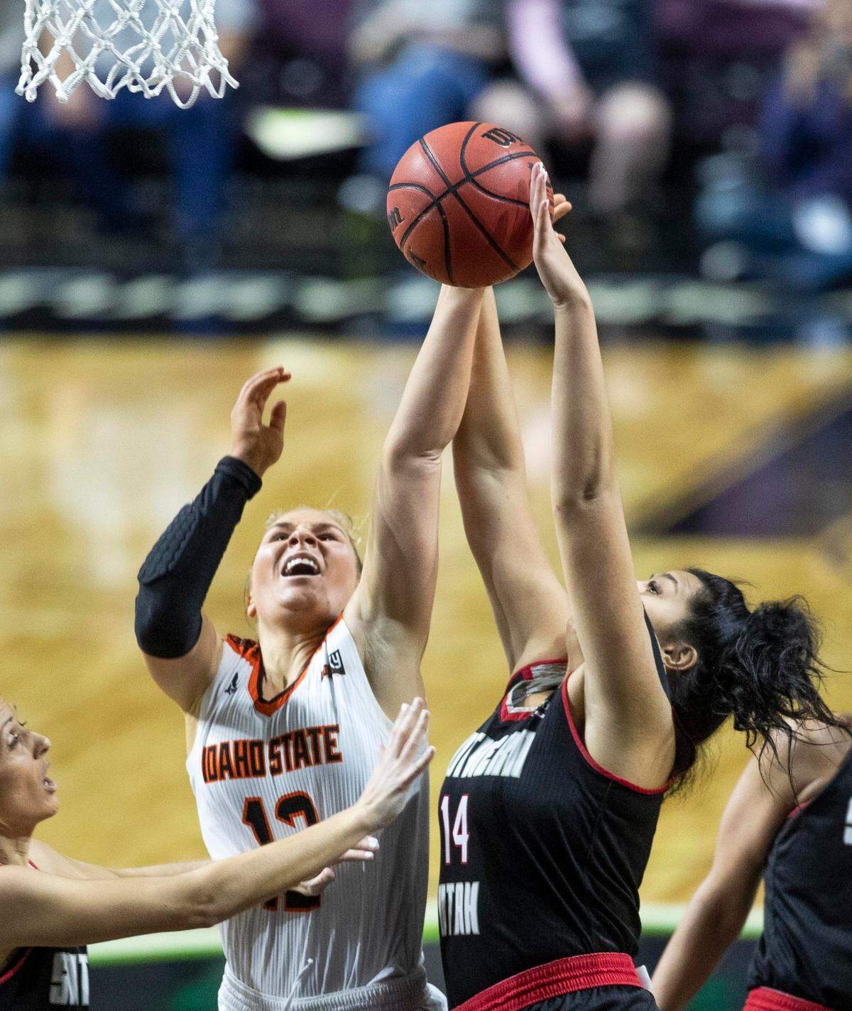 Idaho State guard Callie Bourne (12) is an accomplished rebounder at 5-foot-9. She leads the Bengals with an average of 8.4 rebounds a game.