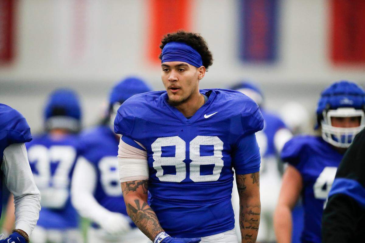 Kentucky tight end Keaton Upshaw (88) missed last season with an upper-body injury. He hasn’t been at 100 percent through spring camp but anticipates being available this fall.