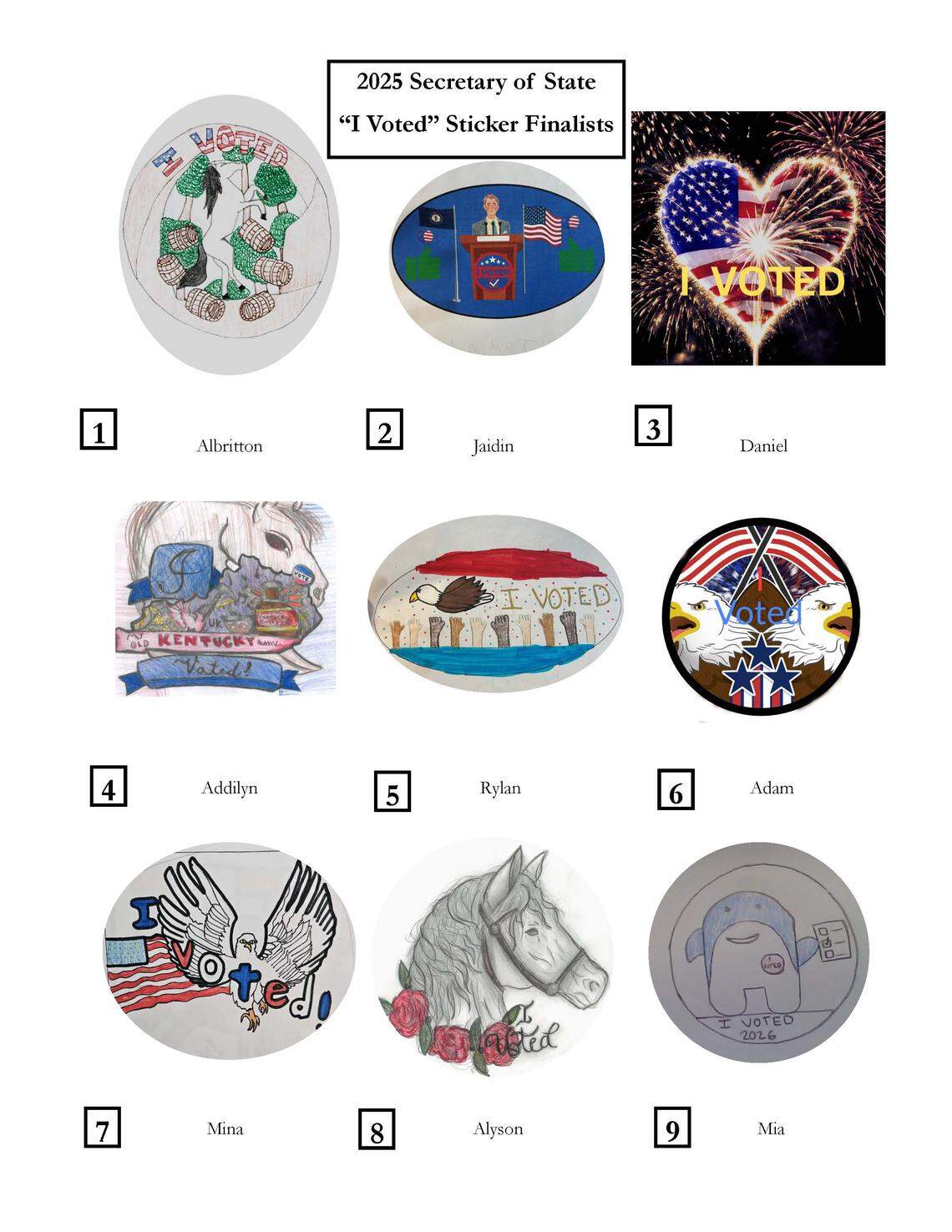These are the 2025 finalist designs for the “I Voted” sticker contest. You can vote for your favorite at the Kentucky State Fair in Louisville this August.