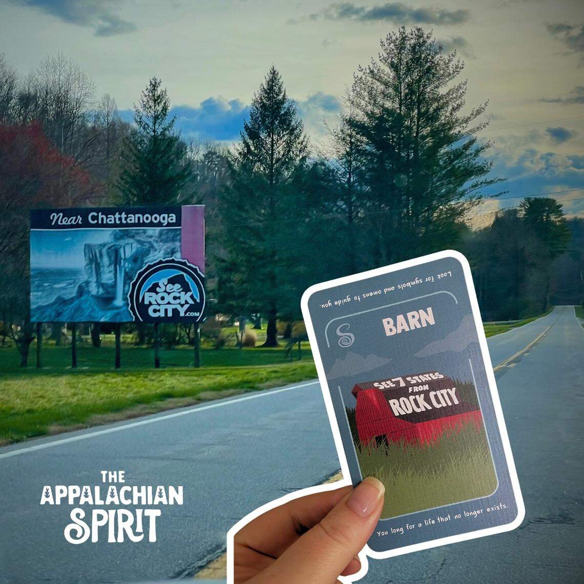 An “Appalachian Spirit” card references a “See Rock City” barn that is frequently seen in areas around Appalachia.