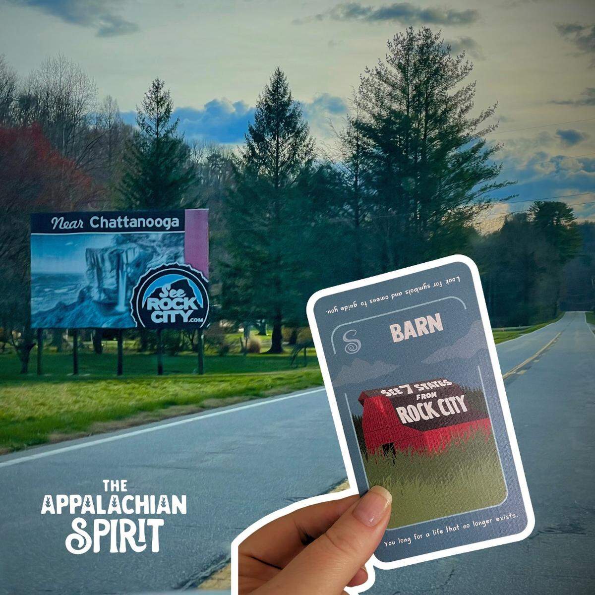 An “Appalachian Spirit” card references a “See Rock City” barn that is frequently seen in areas around Appalachia.