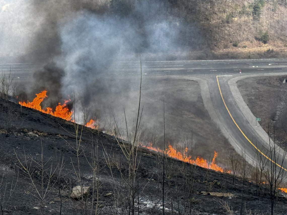 A Pike County wildfire burns a hillside March 7, 2026, near Kentucky Highway 460.