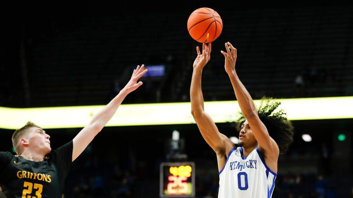 Kentucky Wildcats forward Jacob Toppin (0) shoots the ball over Missouri Western State forward Will Eames (23) during the game at Rupp Arena in Lexington, Ky., Sunday, October 30, 2022.