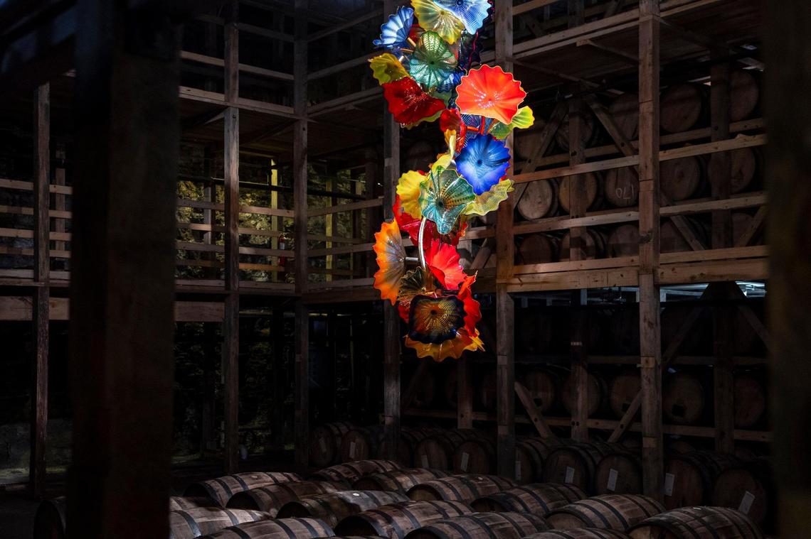 “End of the Day Persian Chandelier” by Dale Chihuly is displayed inside the Cellar at Maker’s Mark new Chihuly exhibition at Star Hill Farm, home of Maker’s Mark Distillery, in Loretto, Ky., on Friday, July 18, 2025.