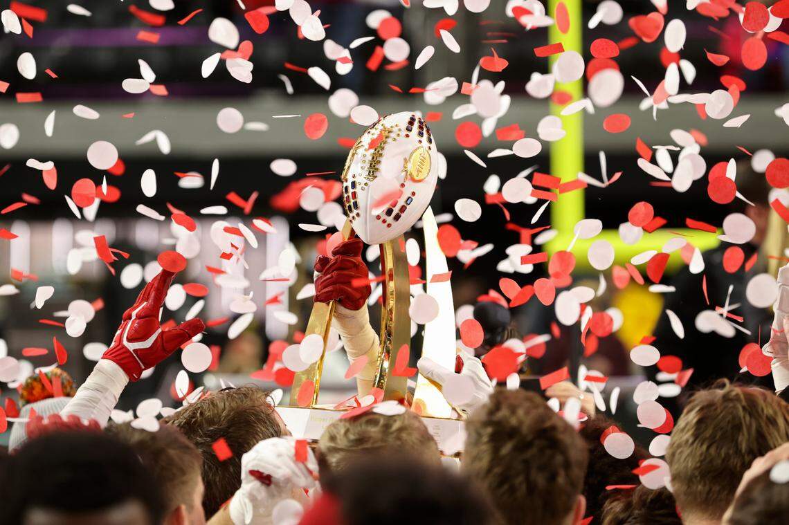 Wisconsin players celebrate after defeating Arizona State in the Las Vegas Bowl on Dec. 30, 2021, in Las Vegas.