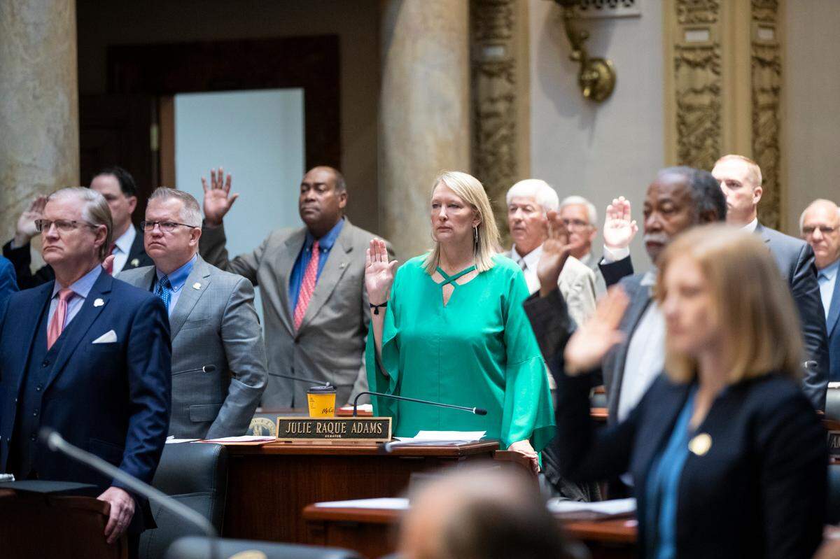 Members of the Kentucky Senate are sworn in before hearing articles of impeachment concerning former commonwealth’s attorney Ronnie Goldy during the last day of legislation at the Capitol in Frankfort March 30, 2023. The Senate unanimously sustained the impeachment of Goldy.