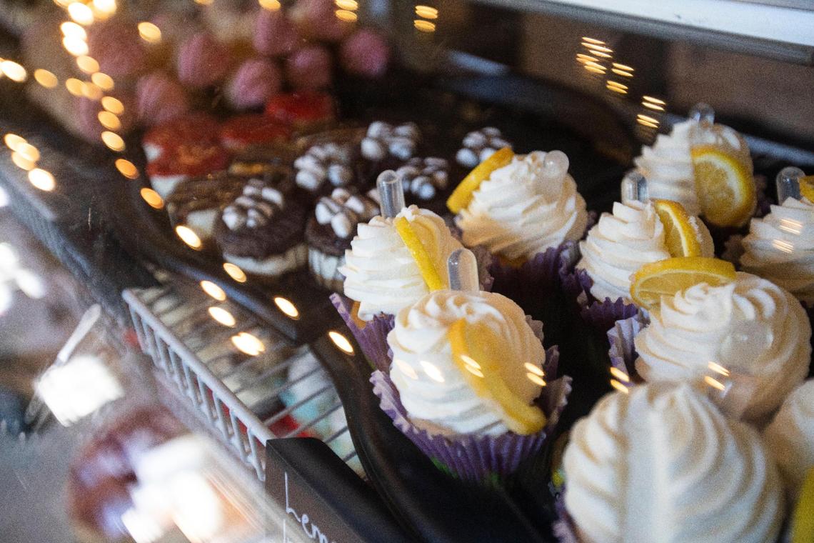 Lemon-infused cupcakes in a display case at the Side Porch Cafe in Waco.