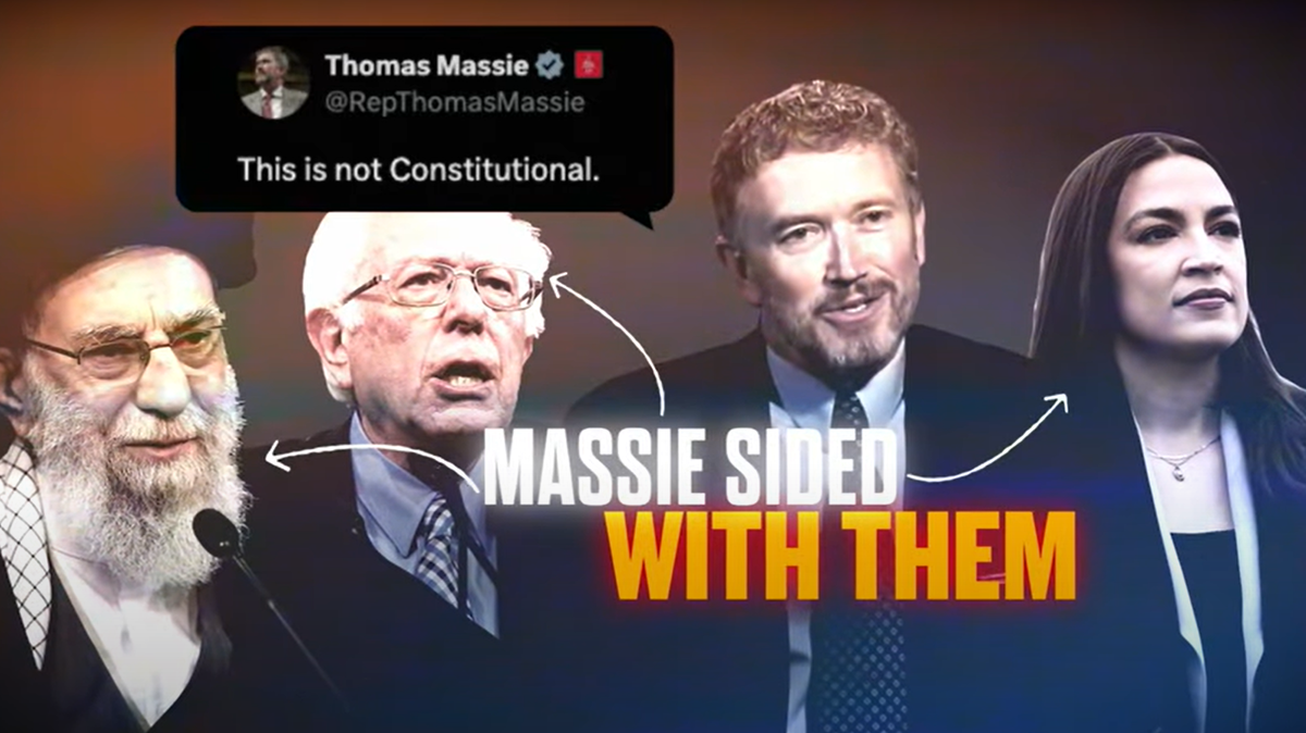 A screenshot from an ad criticizing Rep. Thomas Massie’s position on the conflict in Iran.