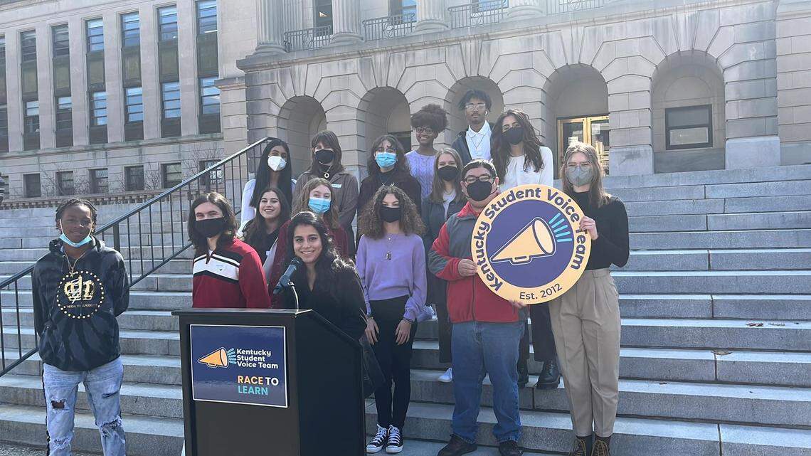 The Kentucky Student Voice Team presented its “Race to Learn” survey results at a news conference outside Kentucky’s Capitol Annex on Thursday, March 10, 2022.