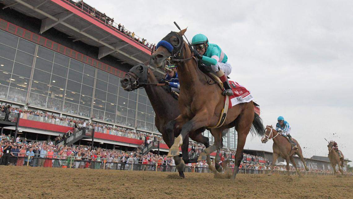 National Treasure beat Blazing Sevens to the finish line by a head to win the Preakness Stakes in Baltimore on Saturday. Kentucky Derby winner Mage came in third.