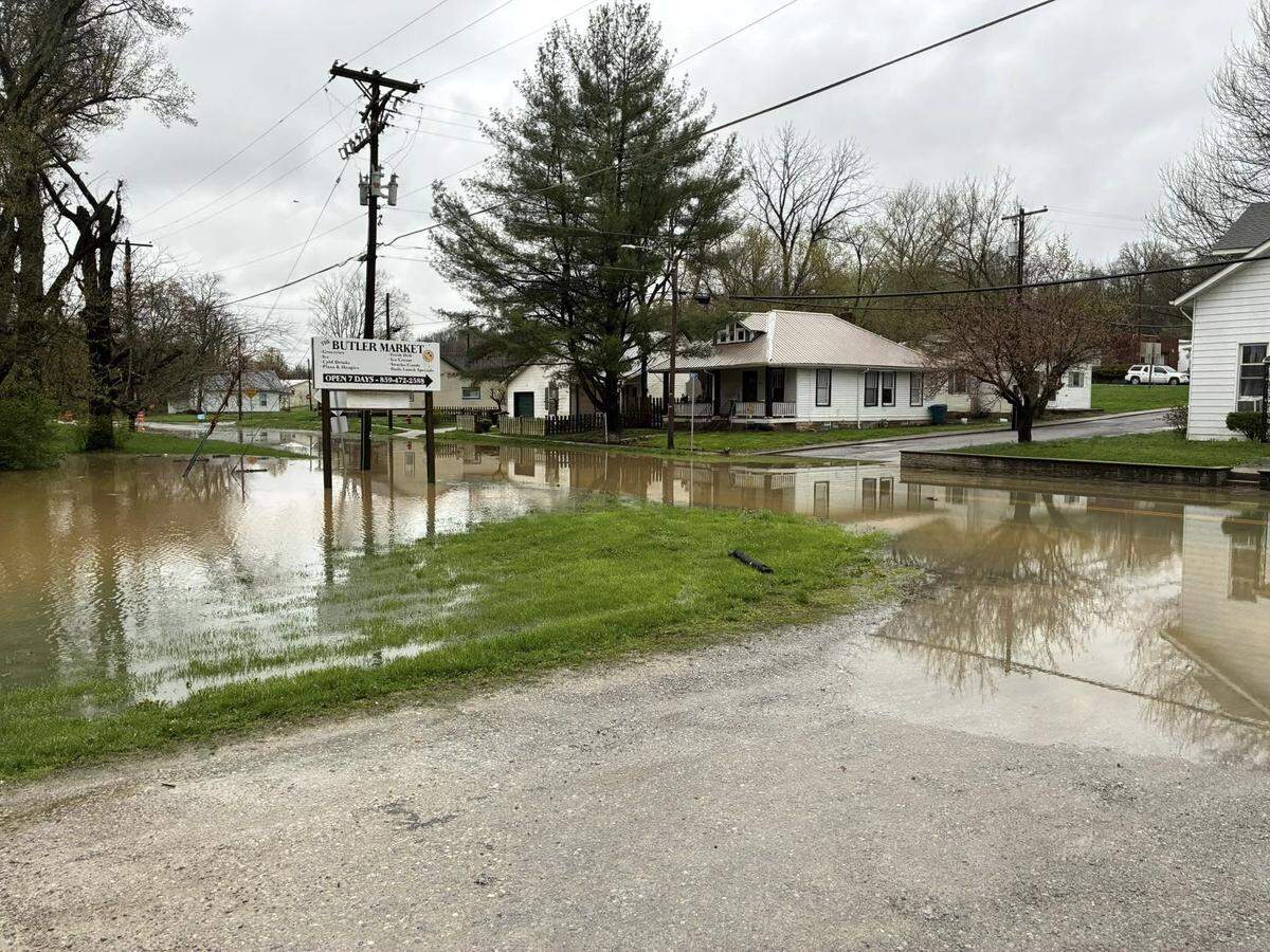Floodwaters rise Sunday, April 6, 2025 in Butler. Access to Butler was completely shut off Sunday as floodwaters encroached on Pendleton County.