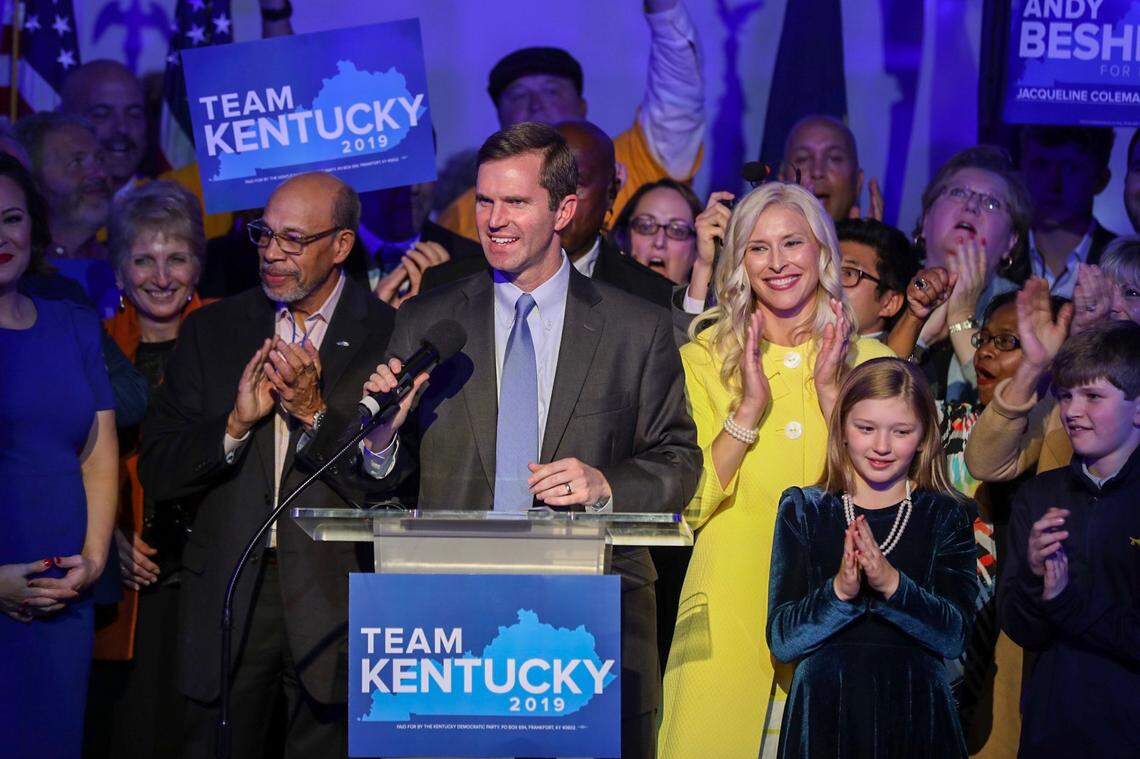 Andy Beshear speaks to supporters in Louisville after he is declared winner of the governor’s election on Tuesday, November 5, 2019.
