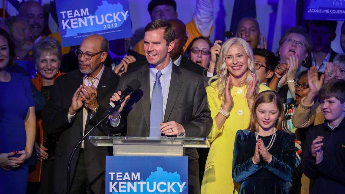 Andy Beshear speaks to supporters in Louisville after he is declared winner of the governor’s election on Tuesday, November 5, 2019.