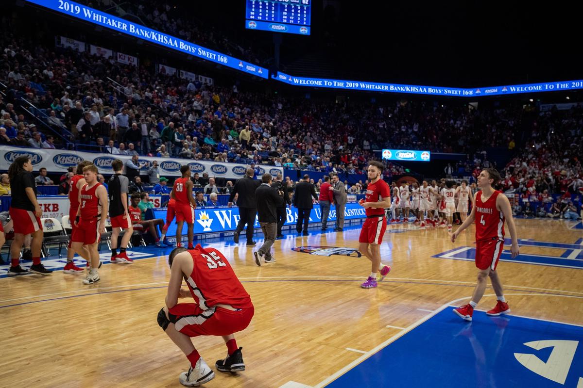 Perry County Central players reacted after a last-second three-point attempt fell short and Butler won 65-62 on Thursday.