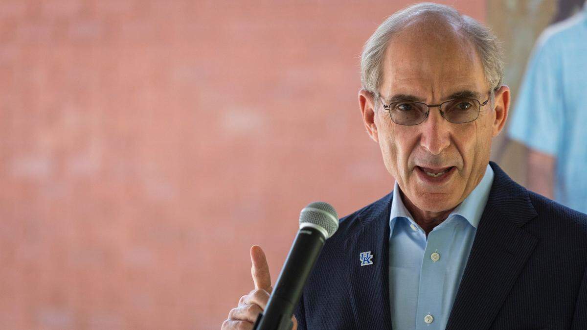 UK President Eli Capilouto speaks during a visit to the Freedom House to celebrate the Volunteers of America receiving a $2.6 million grant from SAMHSA to assist with recovery treatment for pregnant women and mothers in Manchester, Ky., Tuesday, August 18, 2020. Capilouto has been the president at the University of Kentucky since 2011.