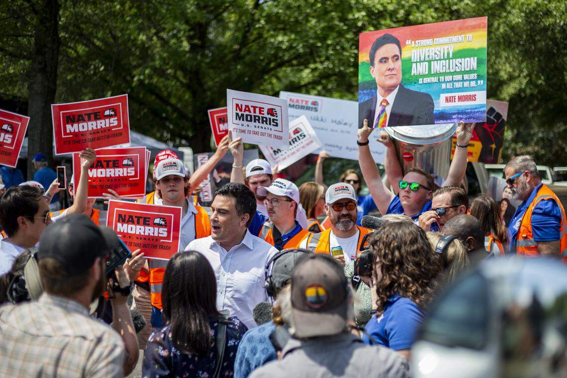Nate morris speaks to the press during Fancy Farm Picnic on Saturday, Aug. 2, 2025, at St. Jerome Church in Fancy Farm, Ky.