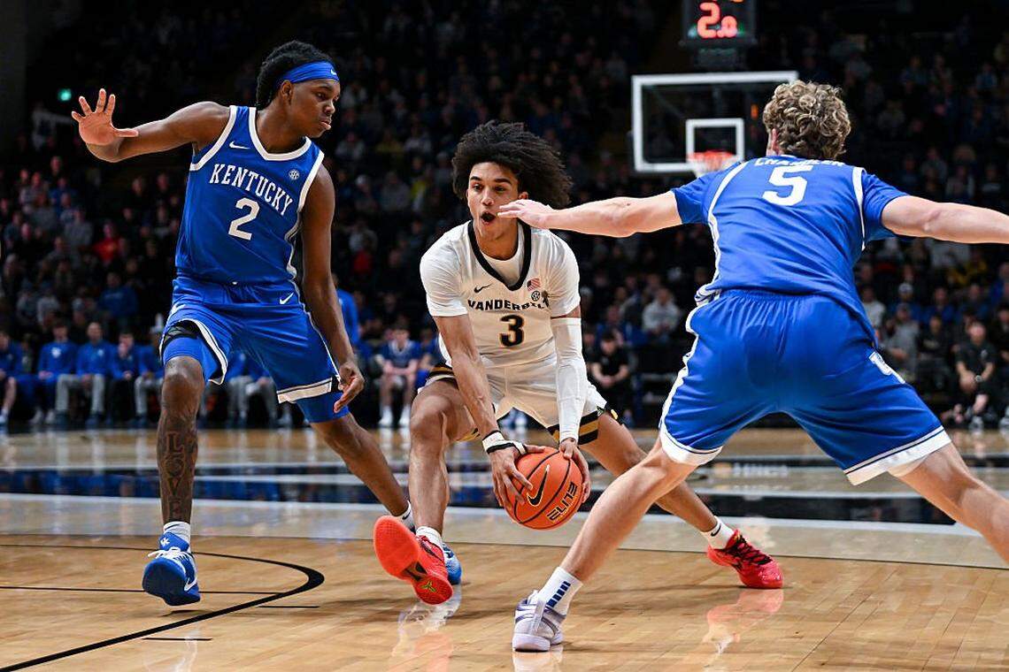 Vanderbilt guard Tyler Tanner (3) had 19 points, four rebounds, five assists and four steals to spark the Commodores’ 80-55 rout of Kentucky on January 27 in Nashville. On Saturday at Rupp Arena, UK will get another crack at No. 25 Vandy.