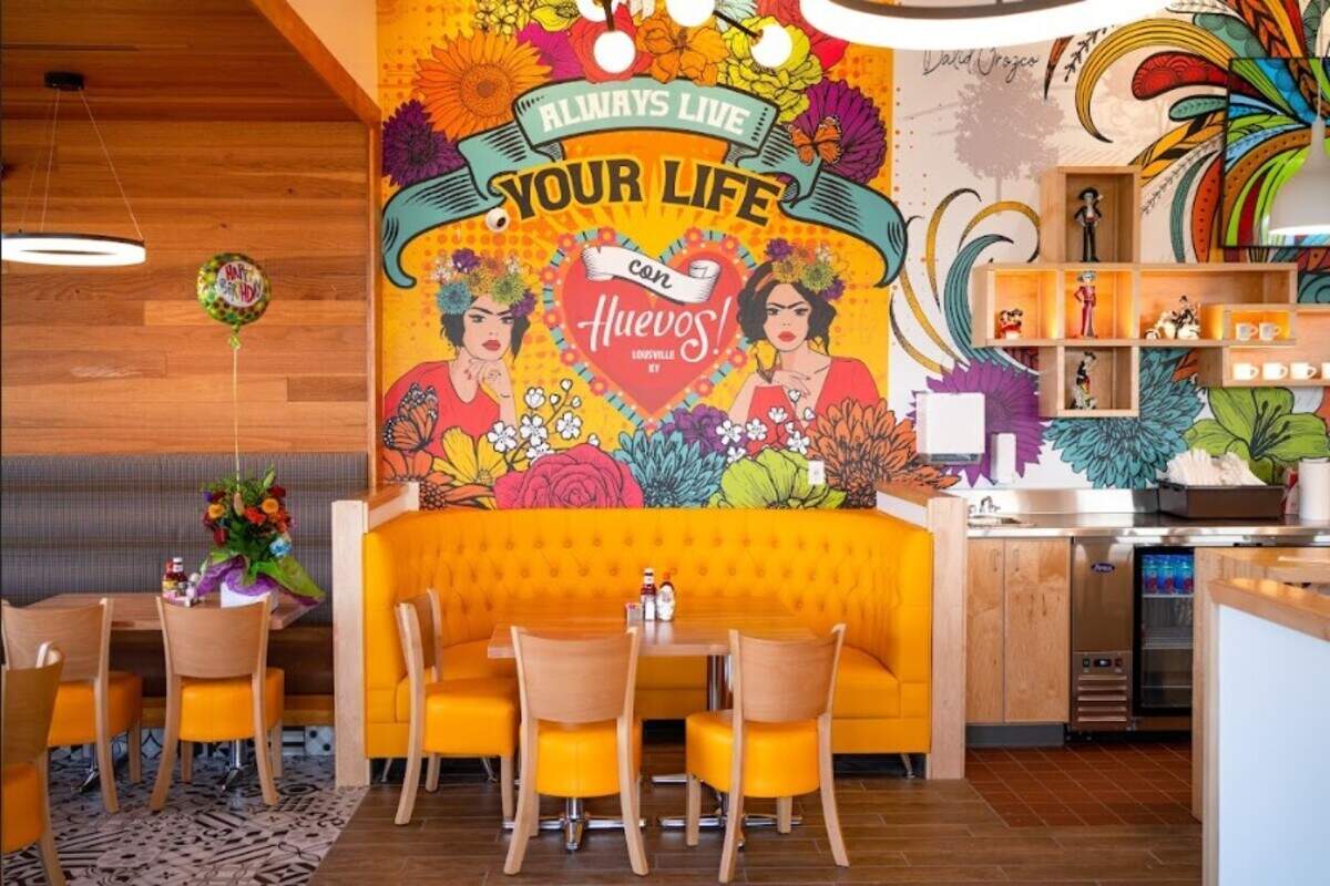 Con Huevos, a Louisville breakfast, brunch and lunch restaurant, is known for its colorful interiors.