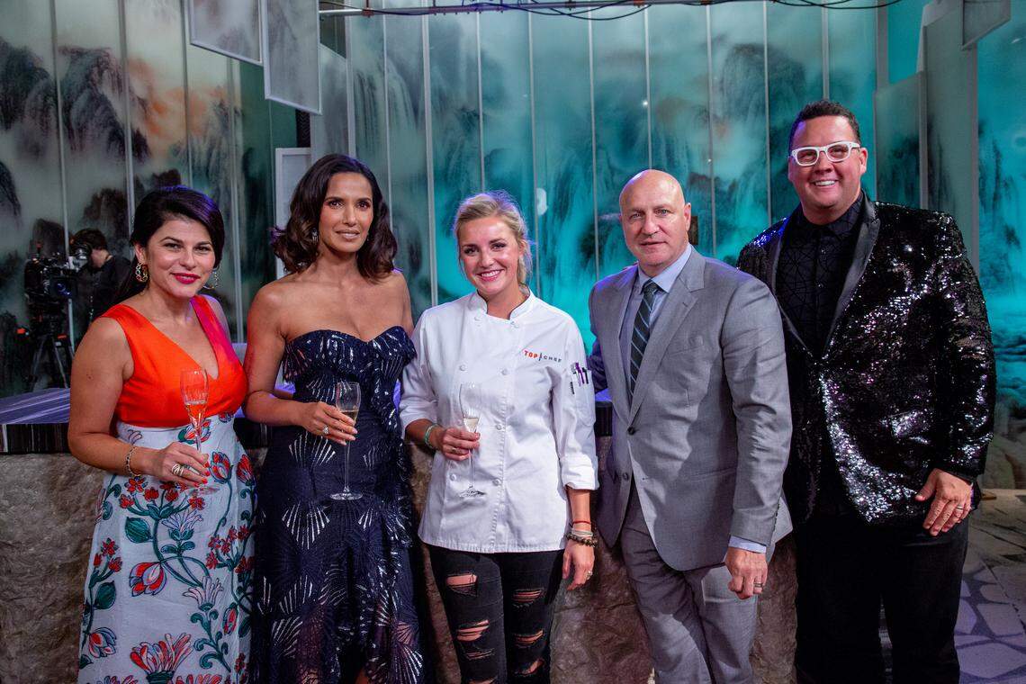 “Top Chef” Kentucky judge Nilou Motamed, host Padma Lakshmi, head judge Tom Colicchio and judge Graham Elliot with season 16 winner Kelsey Barnard Clark of Dothan, Ala.