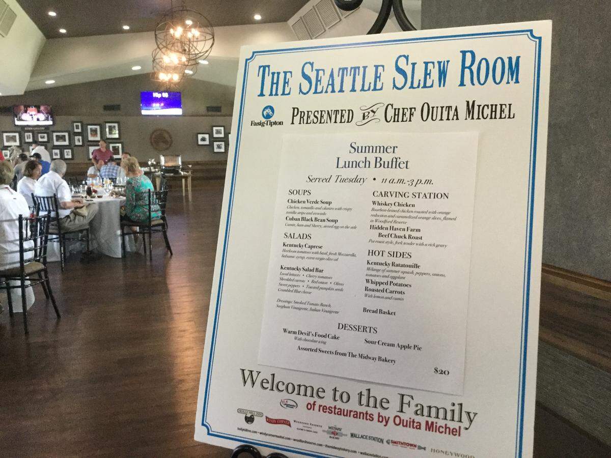 The Seattle Slew room at the Fasig-Tipton auction house on Newtown Pike is now serving a buffet from chef Ouita Michel. The menu features seasonal vegetables, as well as a carving station and salads.