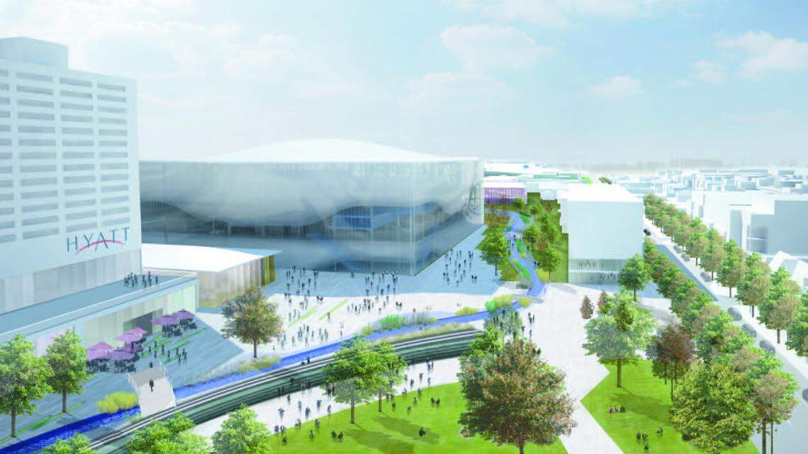 A view from the Hilton Hotel of the proposed Town Branch Commons. Remaking Vine Street's concrete corridor is good for business.  