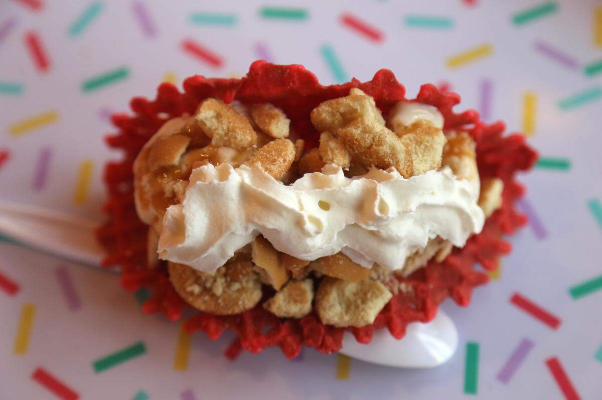 Who doesn’t love a dessert taco? This one from Spotz Gelato on Broadway is a doozy, with banana pudding gelato inside a pink waffle cone taco and topped with caramel sauce, whipped cream and vanilla waver crumbles.