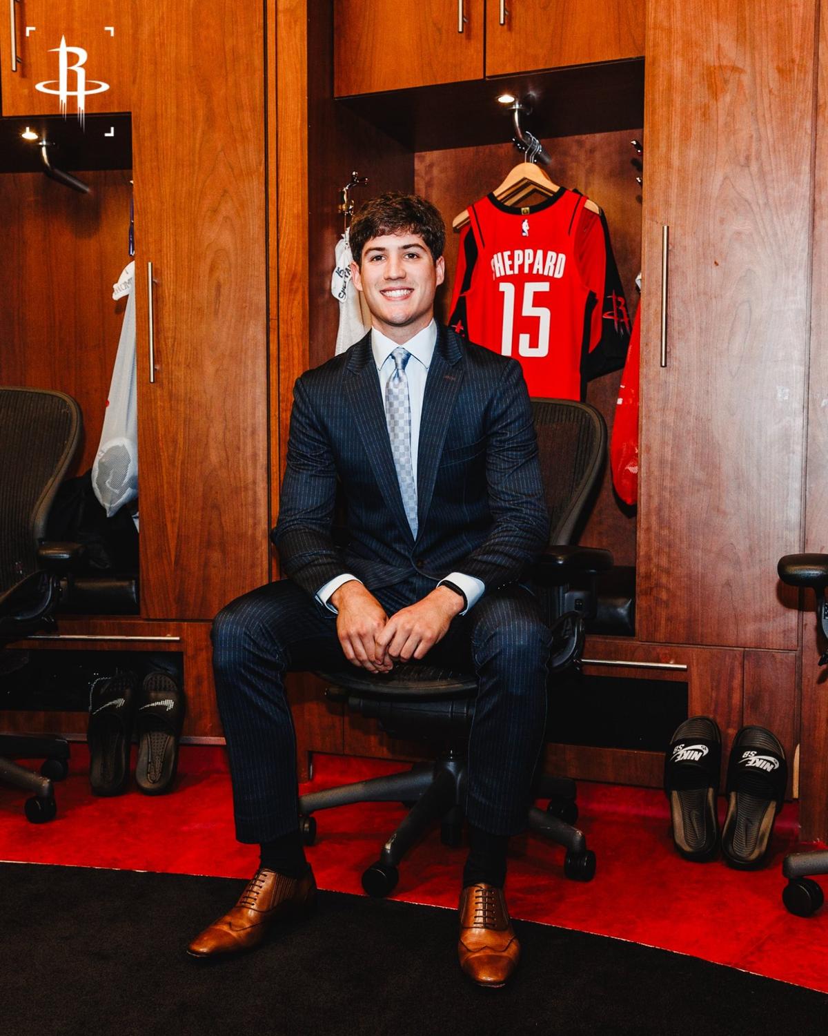 Reed Sheppard was presented with jersey No. 15 upon his arrival in Houston for his introductory press conference on Tuesday. Sheppard wore the same number at Kentucky, in honor of his father Jeff, who donned the number for UK years earlier while winning a national championship.