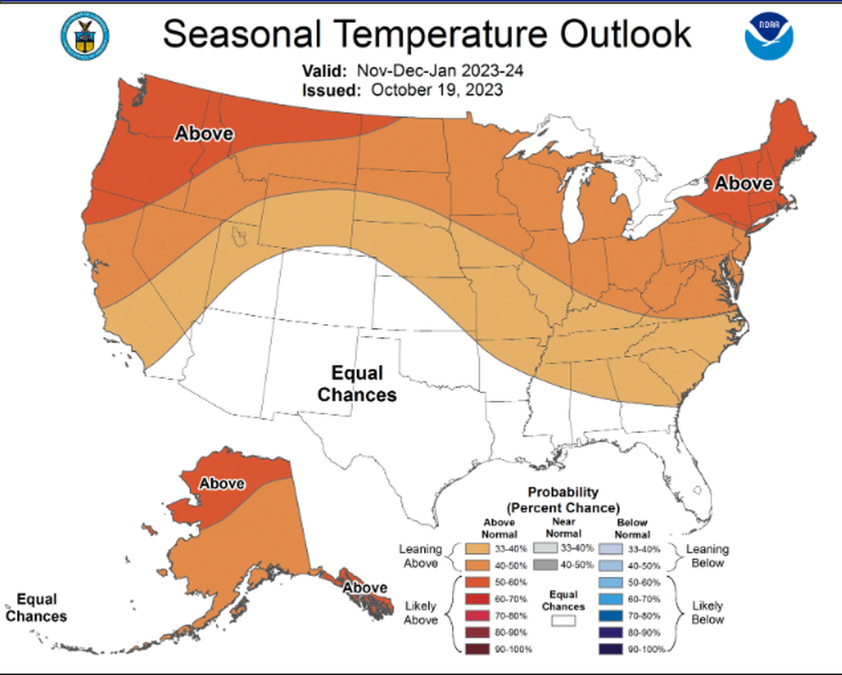 A screen capture of a three-month outlook from the Climate Prediction Center looking at temperature probability.