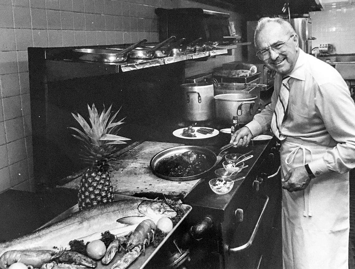 Stanley Demos cooking in the kitchen of his Coach House restaurant in an undated photo. For years the elite of Lexington and “an international following” dined at his elegant restaurant on South Broadway. Today Demos lives in Sarasota, Fla. and recently celebrated his 102nd birthday.