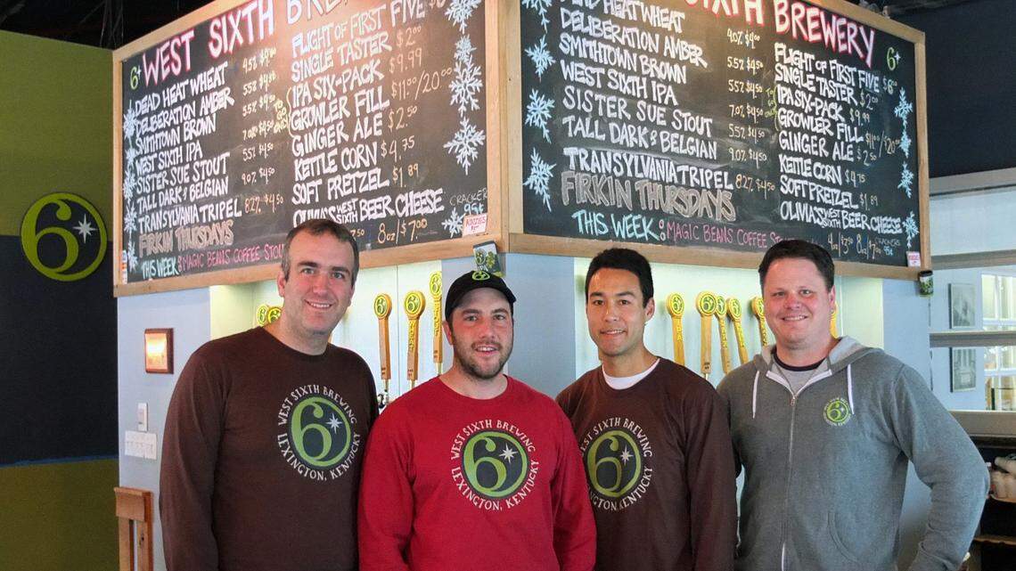 West Sixth Brewery partners Ben Self, left, Joe Kuosman, Robin Sither and Brady Barlow decided at the start to give at least 6 percent of annual profits to local charities. In addition, the business holds  monthly charity events and rents space in its building to several non-profit organizations.    