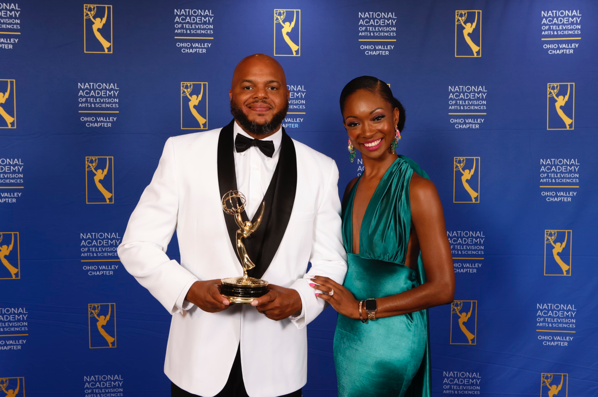 Devine Carama, left, and his wife Cierra Spaulding, right, at the 2022 Ohio Valley Regional Emmy Awards on Saturday, July 30, 2022.