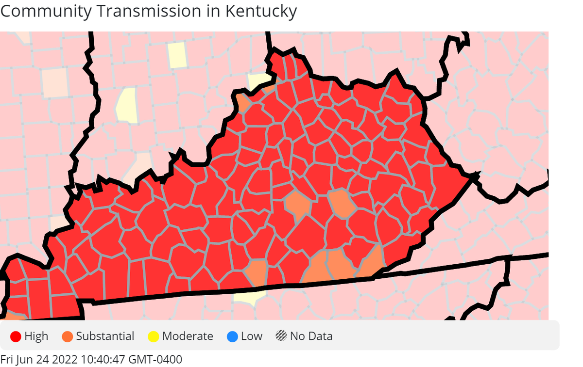 The above map displays Kentucky counties in the red, orange, yellow or blue zones for community transmission or COVID-19, corresponding to the high, substantial, moderate and low categories. Only a handful of Kentucky counties are out of the red. 