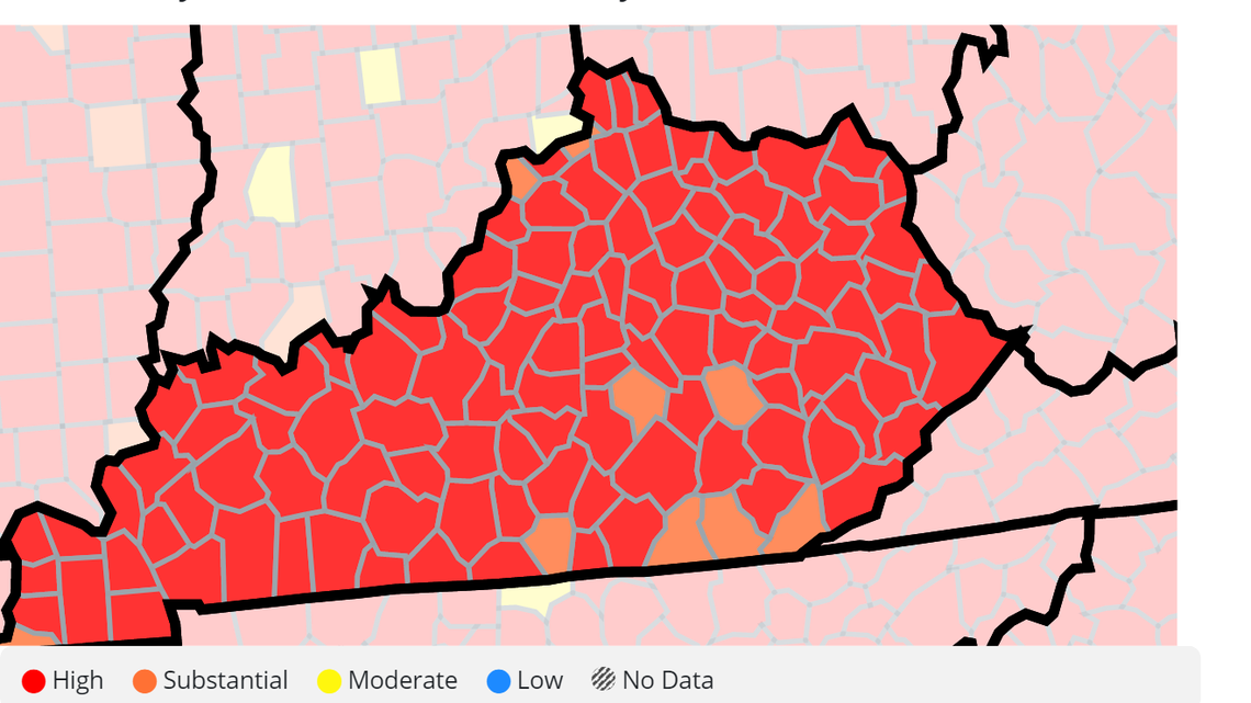 The above map displays Kentucky counties in the red, orange, yellow or blue zones for community transmission or COVID-19, corresponding to the high, substantial, moderate and low categories. Only a handful of Kentucky counties are out of the red. 