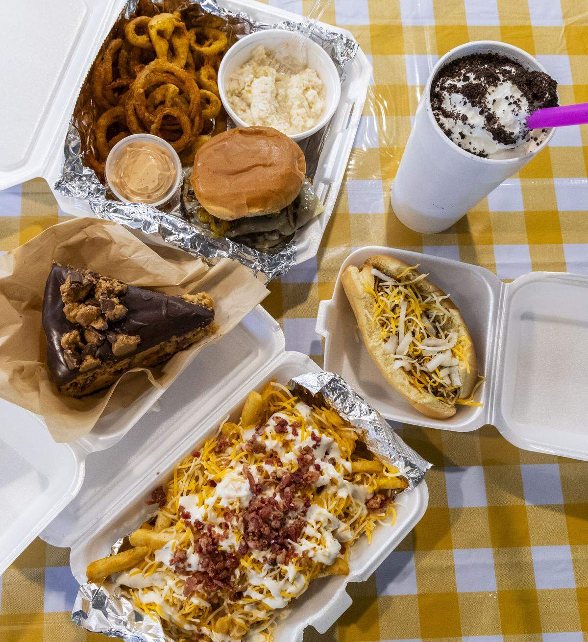 The Drive-In Diner has a variety of drive-in staples like burgers, shakes, chili dogs and loaded cheese fries. Many of the items on the menu are homemade including hand-cut and battered onion rings and banana peppers, chili, ranch dressing and desserts, such as Reese’s cheesecake. 