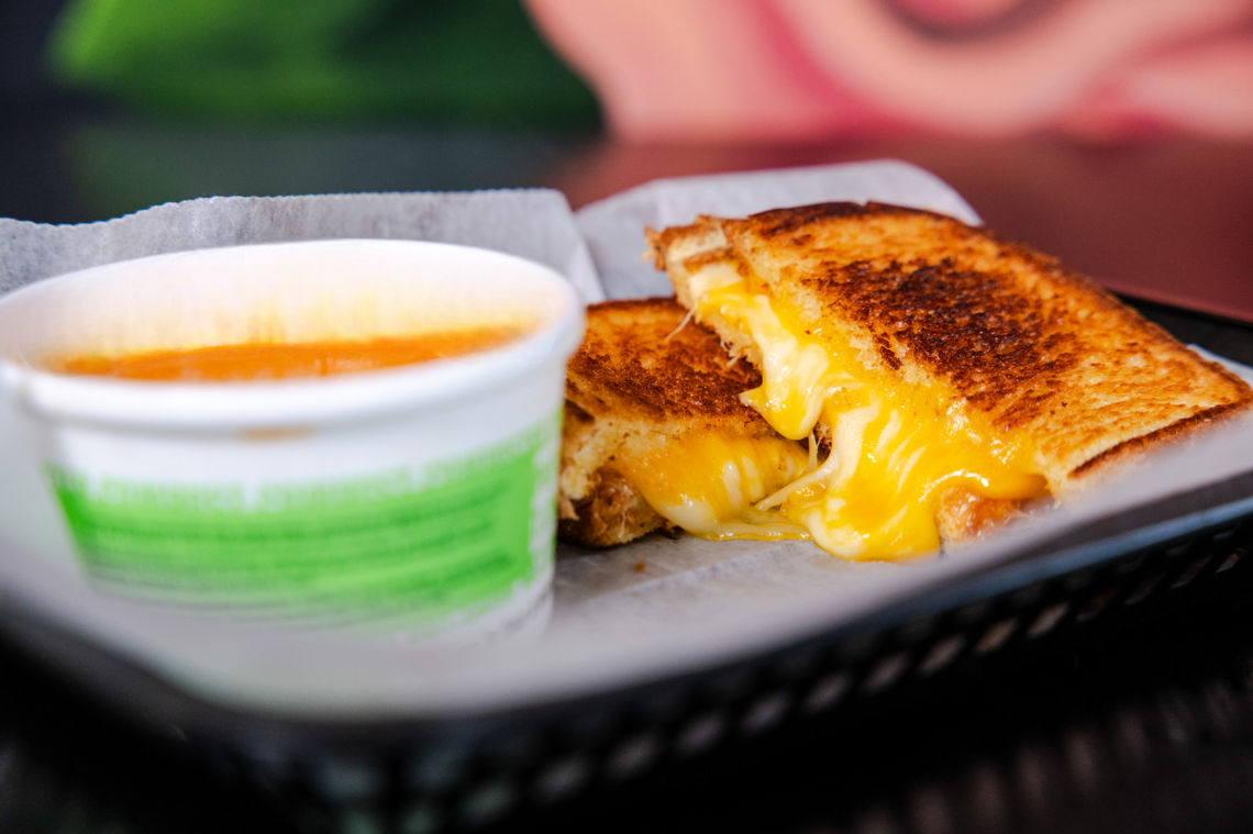 The Big Cheeze is anything but plain. It’s got American, Cheddar and Monterey Jack on buttered sourdough and is served with tomato soup “dip.”