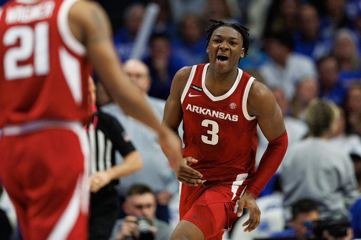 Feb 1, 2025; Lexington, Kentucky, USA; Arkansas Razorbacks forward Adou Thiero (3) celebrates after making a basket during the second half against the Kentucky Wildcats at Rupp Arena at Central Bank Center. Mandatory Credit: Jordan Prather-Imagn Images